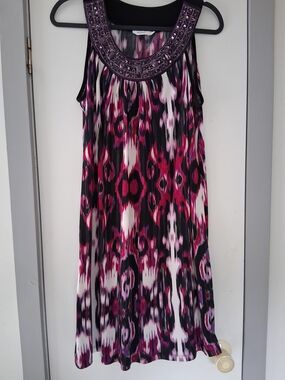 Ricki's Beaded Neckline Ikat Tank Dress - Pink, Black & White